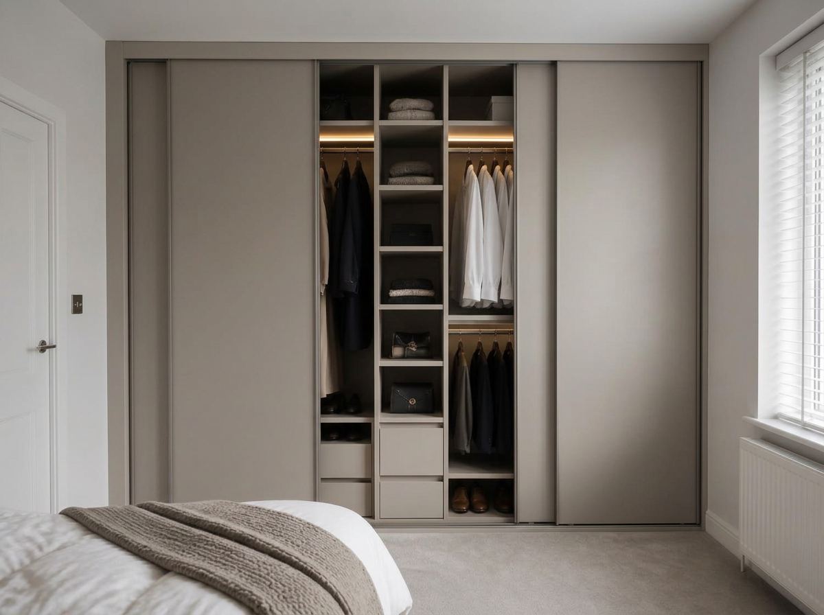 Fitted wardrobe interior split into two halves for a couple, with long hanging on one side and double hanging on the other