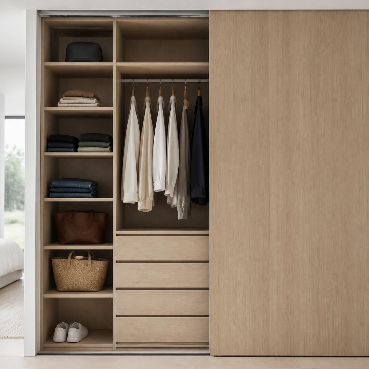 Adjustable wardrobe shelving holding folded clothes, a bag and a storage box