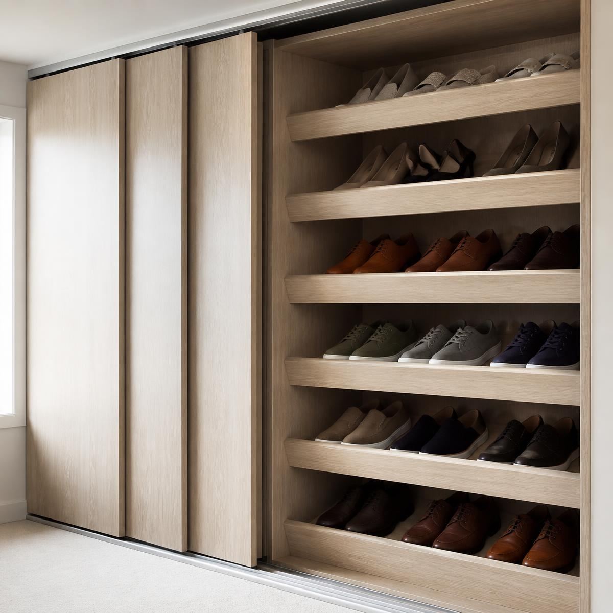 Angled internal shoe racks inside a fitted wardrobe holding several pairs of shoes