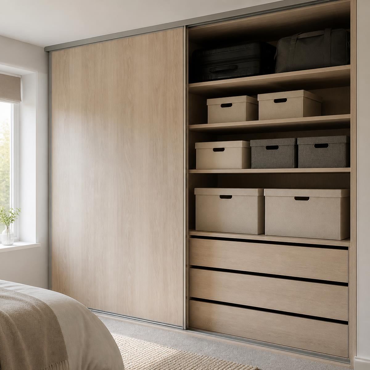 Top box storage above head height inside a fitted wardrobe holding boxes and suitcases