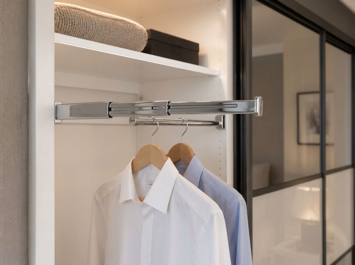 Pull-out valet rail inside a fitted wardrobe holding an outfit ready for the next day