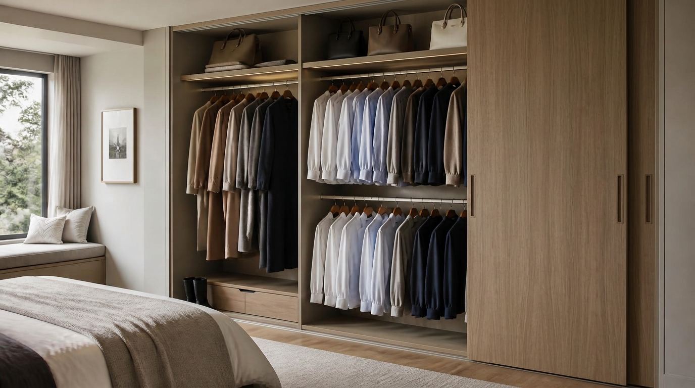 Inside a fitted sliding wardrobe in a South Wales bedroom, with long hanging, double hanging, folded shelves, drawers and a shoe rack